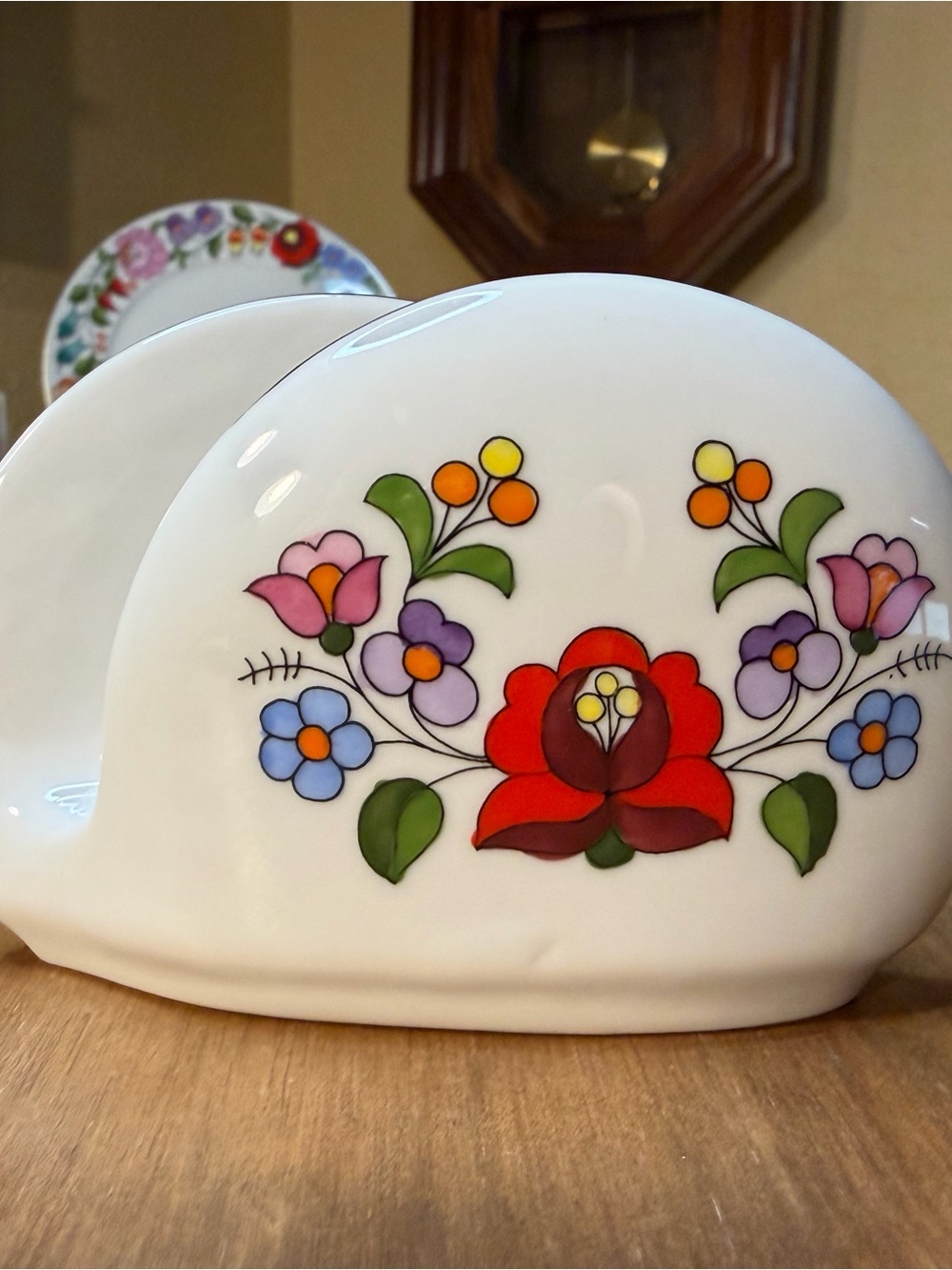Kalocsa Hungary Hand-Painted Floral Porcelain Napkin Holder Gold Trim